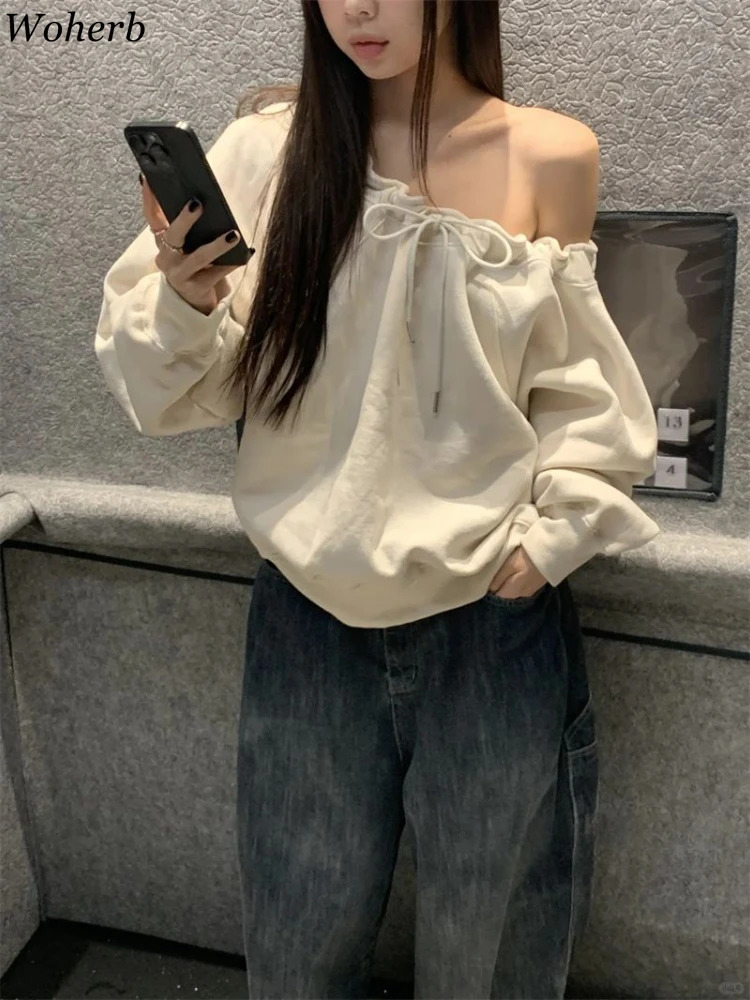 Vintage Solid Casual Hoodie Womens Clothing Skew Collar Drawstring Fashion Sweatshirts Y2k Tops Loose Hoodies Ropa Mujer 250616