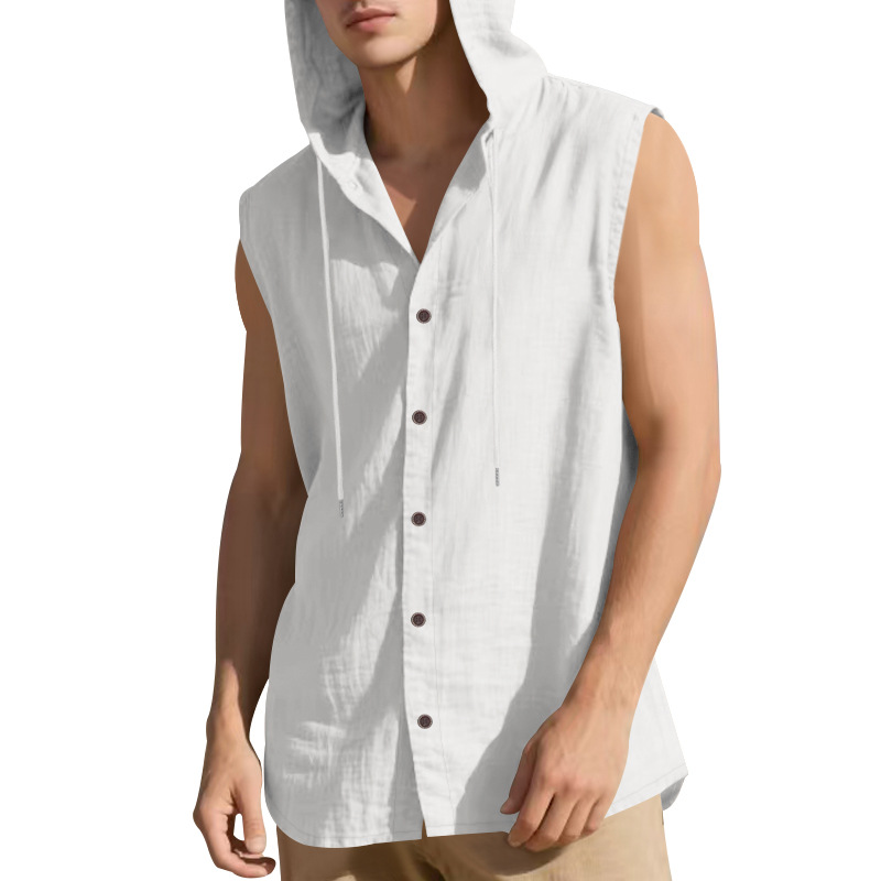 Designer's fashionable men's T-shirt linen shirt sleeveless waistcoat hooded solid color breathable and loose jacket S-3XL (European Size)