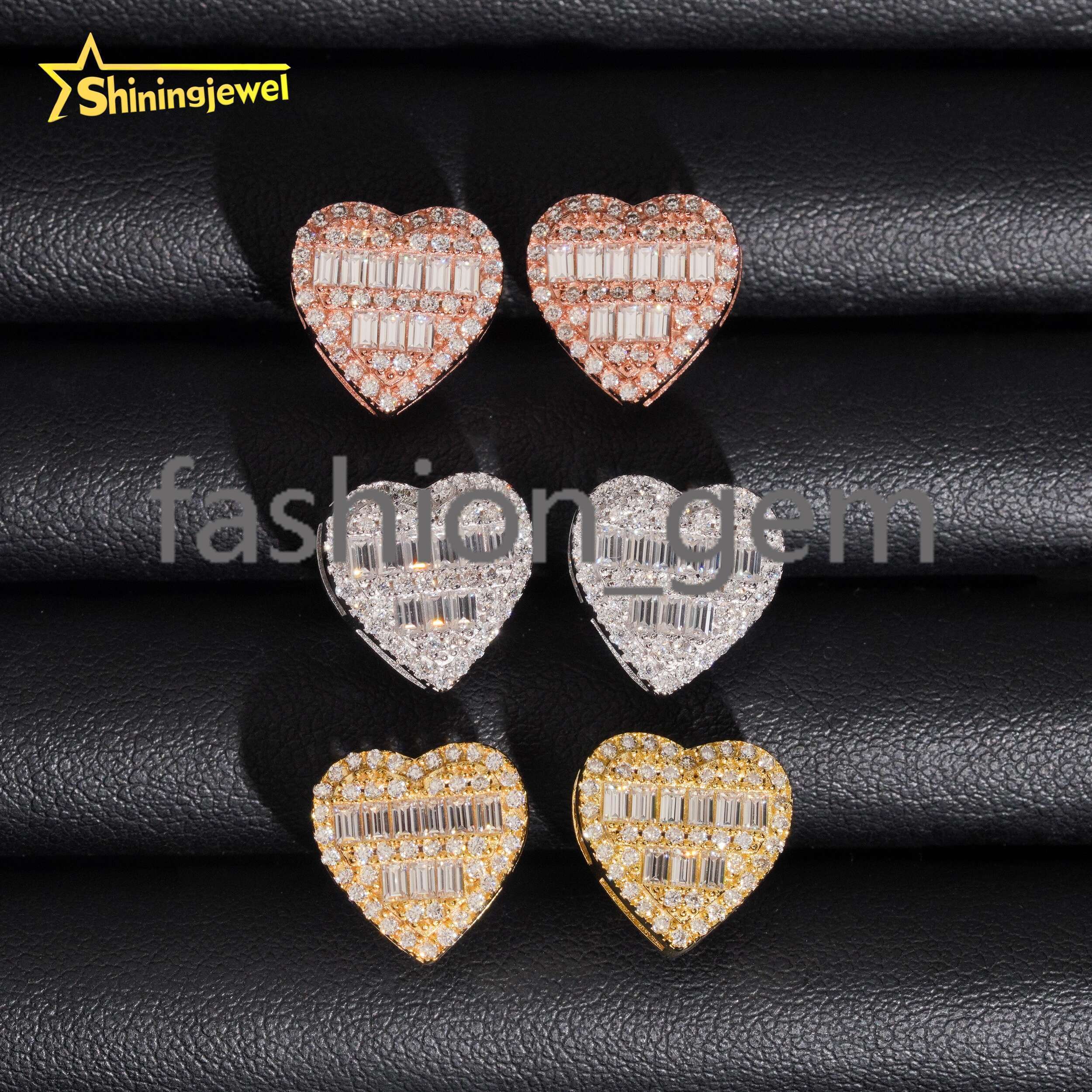 Elegant Classic 925 Sterling Silver Special Heart Stud Earrings Inlaid With Rectangle Moissanite for Women and Men