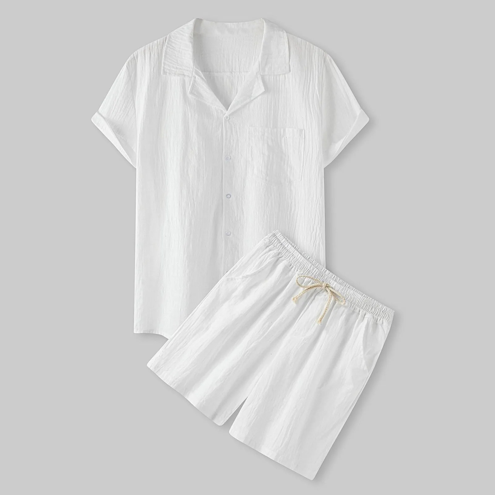 Cool summer comfortable short-sleeved button shirt mens solid color T-shirt shorts suit mens cotton and linen casual suit 250614