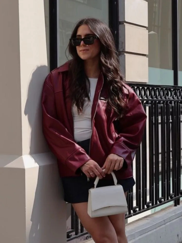 Lapel Zipper Jacket Angola Red Vintage Short PU Leather Motorcycle Jackets Pocket Loose Slimming Womens Coat Top Autumn 250614