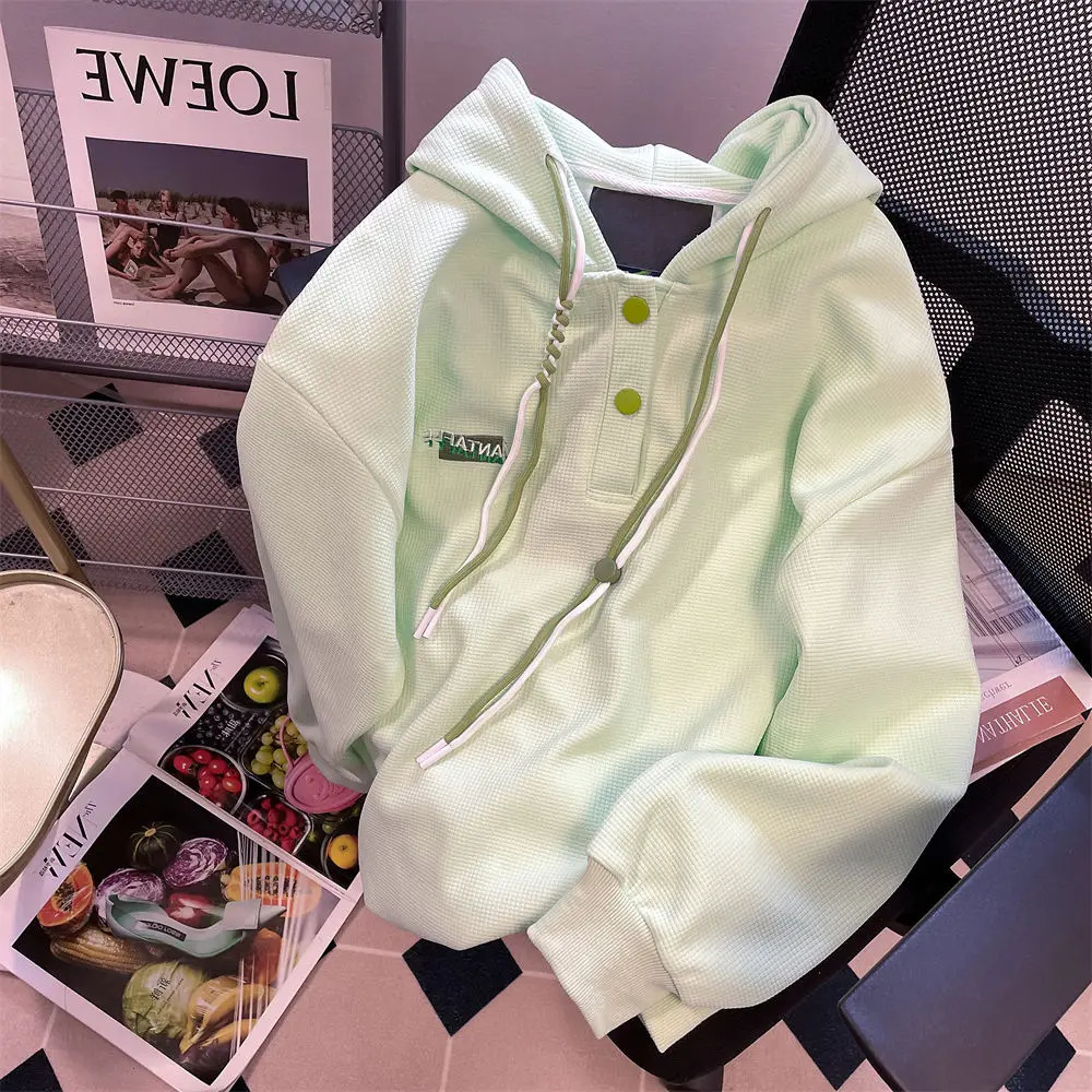 Mint green hooded sweater womens autumn retro niche waffle milk sweet casual elegant temperament coat hoodies women 250616