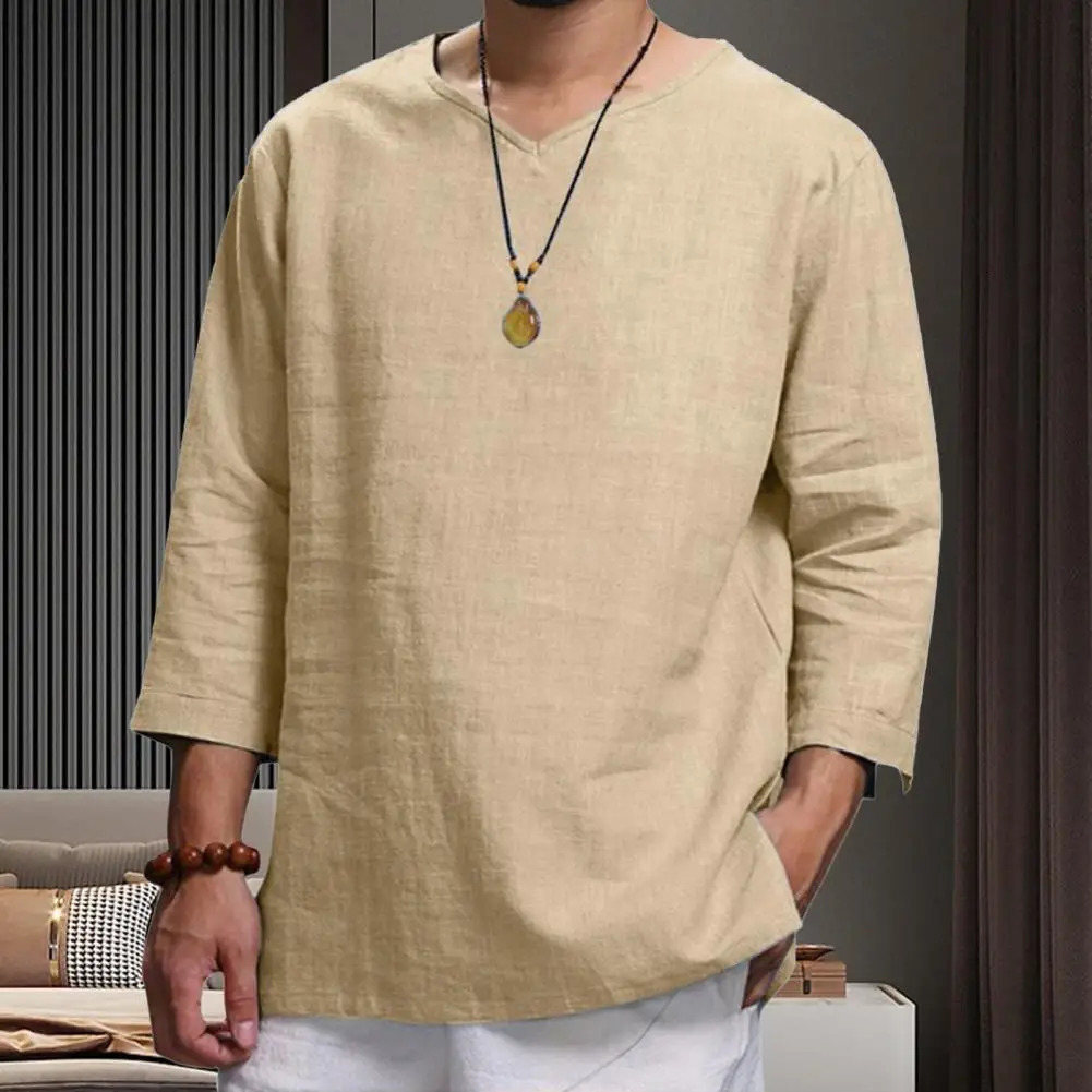 Cotton And Linen Men 3/4 Sleeve Loose Solid Casual Large Pullover Shirt Leisure Summer Spring Long Sleeves Men Casual Shirt250616