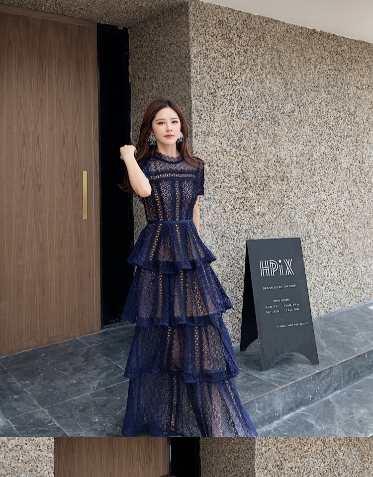 Se * lf po * rtr/* ait cake long dress for children 2025 new style temperament British style exquisite lace navy blue short sleeved dress evening dr