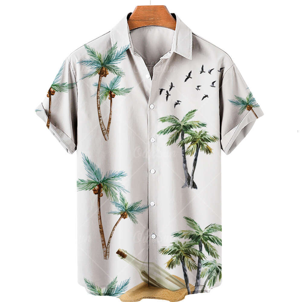 Summer New Coconut Tree 3D Print Hawaiian Short Sleeve Turn-Down Collar Men's Plus Size Loose Casual Shirt B5