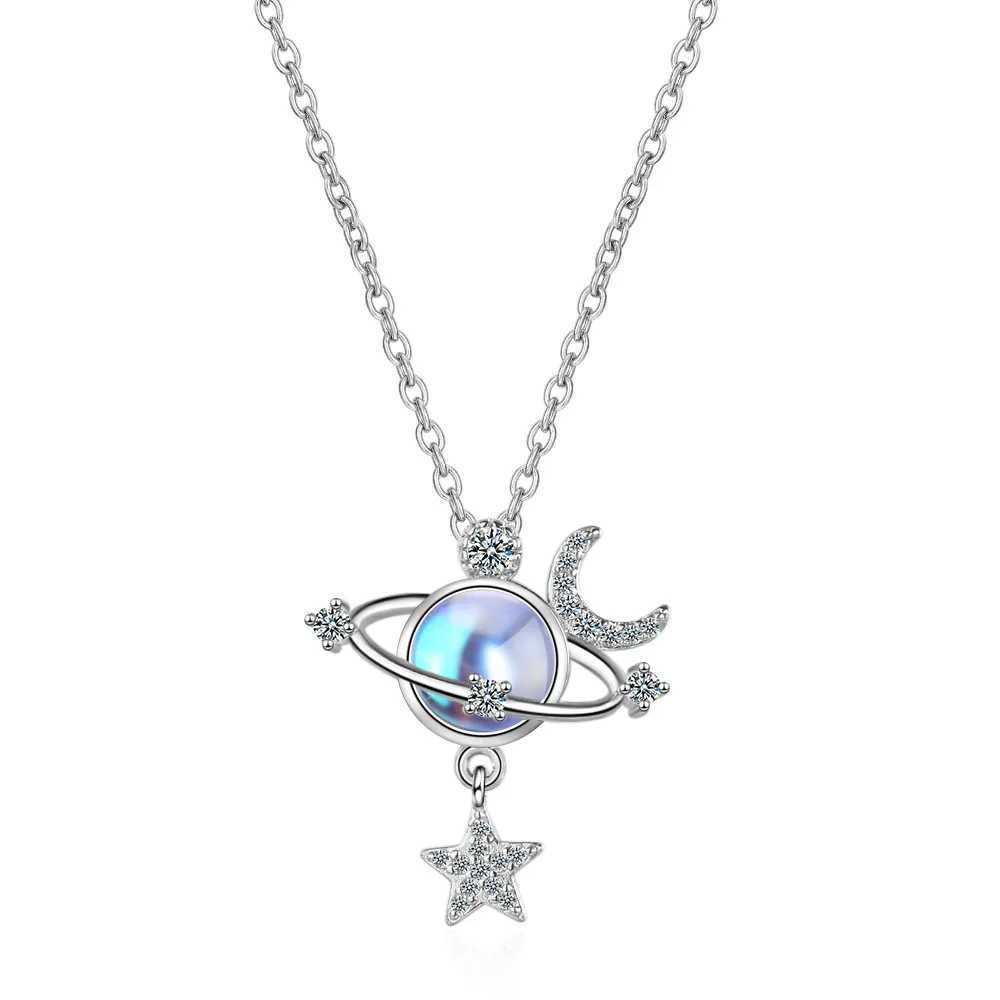 S925 Sterling Silver Gradient Moonstone Star Moon Universe Diamond Zircon Womens Clavicle Pendant Necklace (40cm+3.5cm) W250620