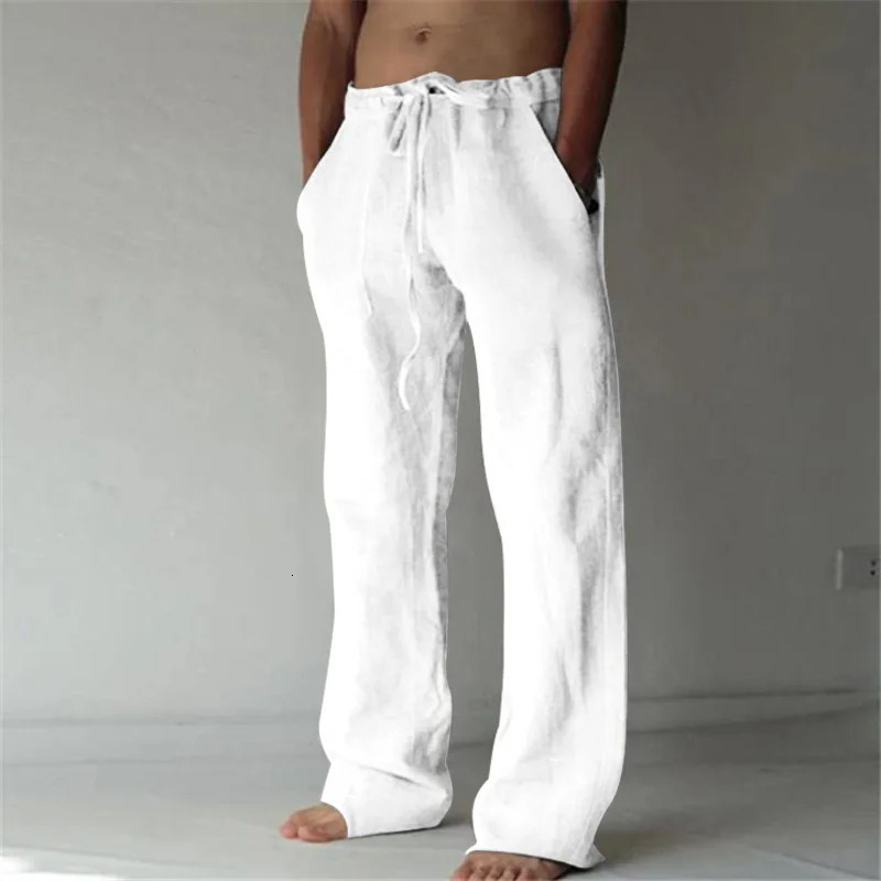 Mens Cotton Linen Long Pants Summer Solid Color Breathable Linen Trousers Male Casual Elastic Waist Casual Pants Harajuku Trous250616