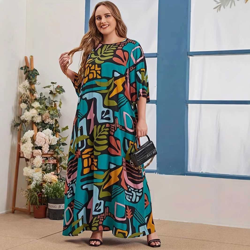 Designer Plus Size Dressafrican Cross-border Plus Size Women's Dress 2025 Spring Summer New Casual Three-quarter Sleeve Loose Print Long Dress