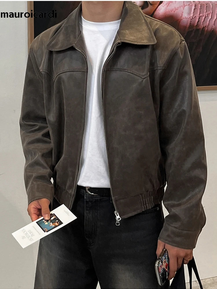 Mauroicardi Spring Autumn Vintage Lightweight Distressed Washed Brown Pu Leather Jacket Men Zipper Casual Korean Fashion Clothes 250618
