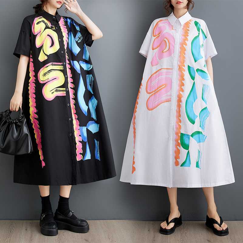 Designer Plus Size DressSummer New Korean Style Loose Plus Size Printed Patchwork Short Sleeve Dress For Women