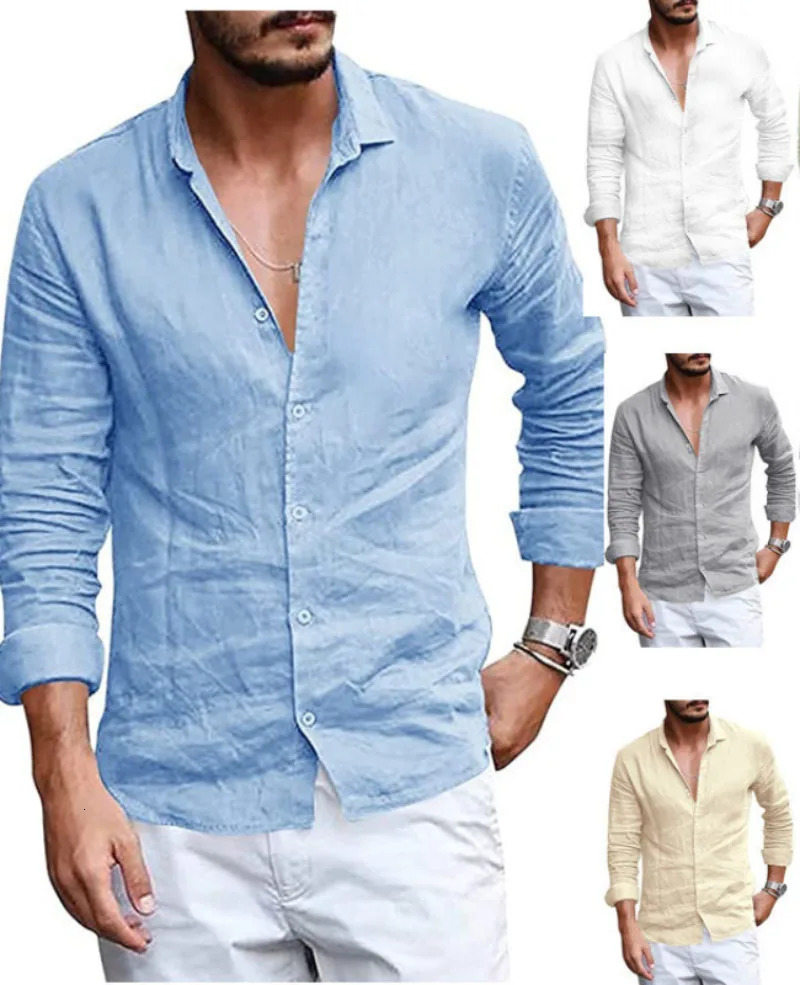 2025 Mens Cotton And Linen Button-up Vintage Casual Long Sleeve Wide Corner Lapel Lightweight Breathable Beach Solid Shirt250616