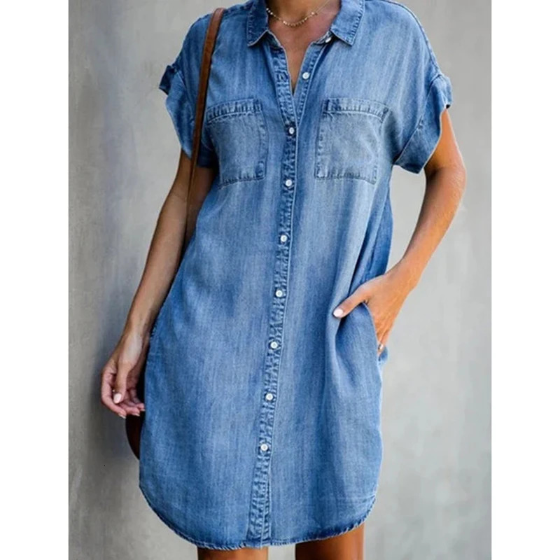 Summer Single Breasted Denim Shirt Dress Womens Casual Loose Pocket Simple Retro Female Office Denim Short Skirt 250619