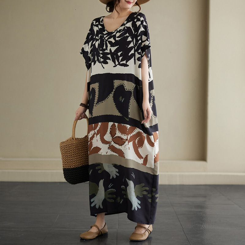 Designer Plus Size Dress2025 Summer New Literary Print Casual Long Dress Short Sleeve Robe Plus Size Beach Dress Women's Dress