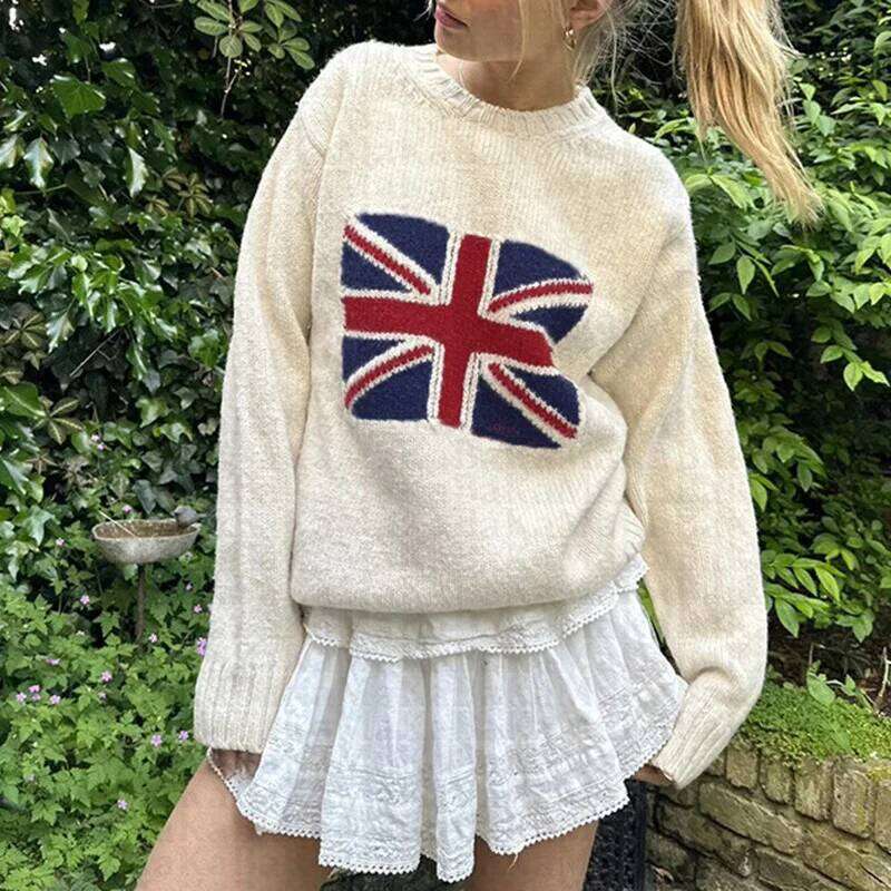 European 2024 American Street Flag Printed Loose Casual Sweater Hot Autumn and Winter Round Neck Pullover Wool