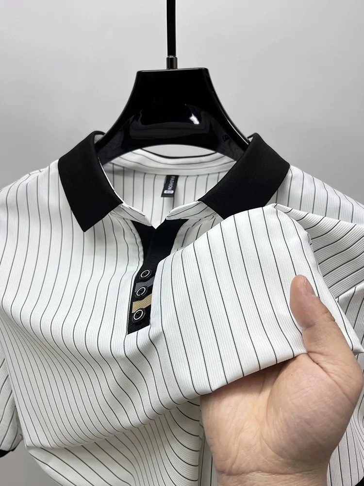 High end ice silk vertical stripe short sleeve POLO shirt men summer fashion business leisure Tshirt comfortable cool top 250610
