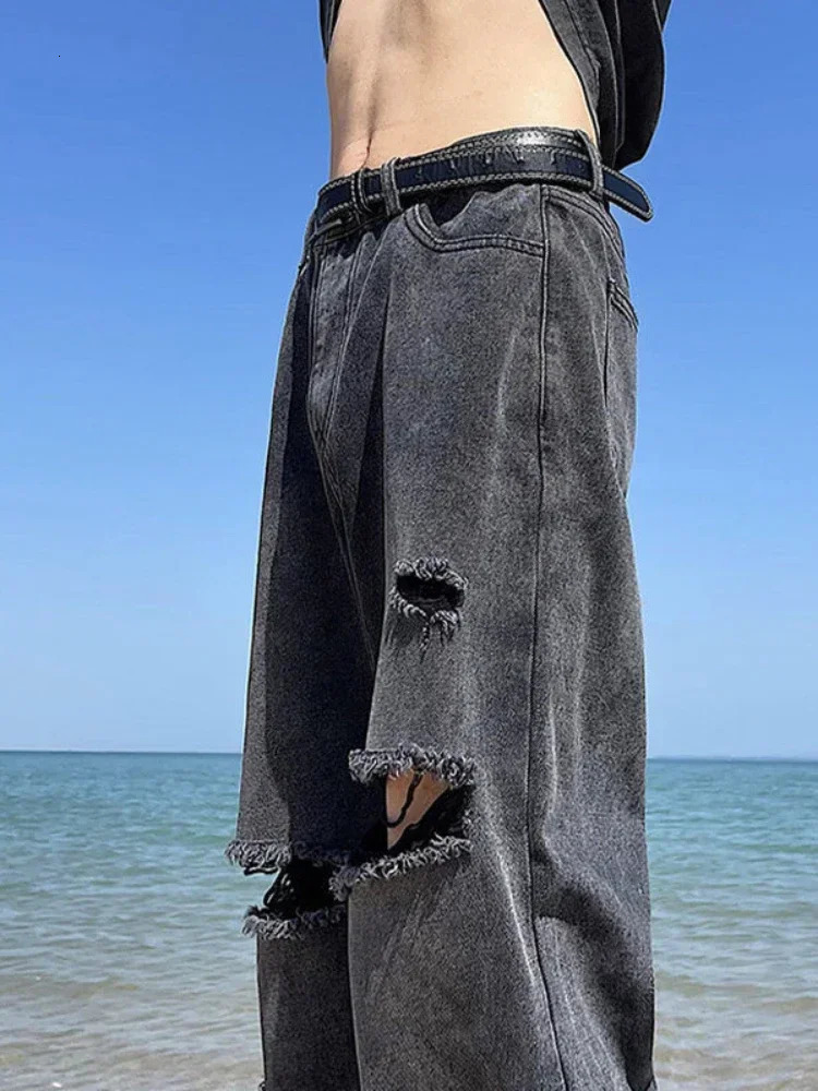 Mens Jeans Broken Black Torn Man Cowboy Pants Ripped Trousers Straight with Holes Clothes Y2k 2000s Summer High Quality Baggy 250619