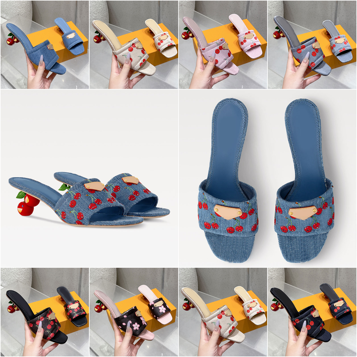 Cherry shaped heel mule designer sandals famous designer women slippers slides mules 25ss new sandal vintage sandale luxury print embroidery multipl
