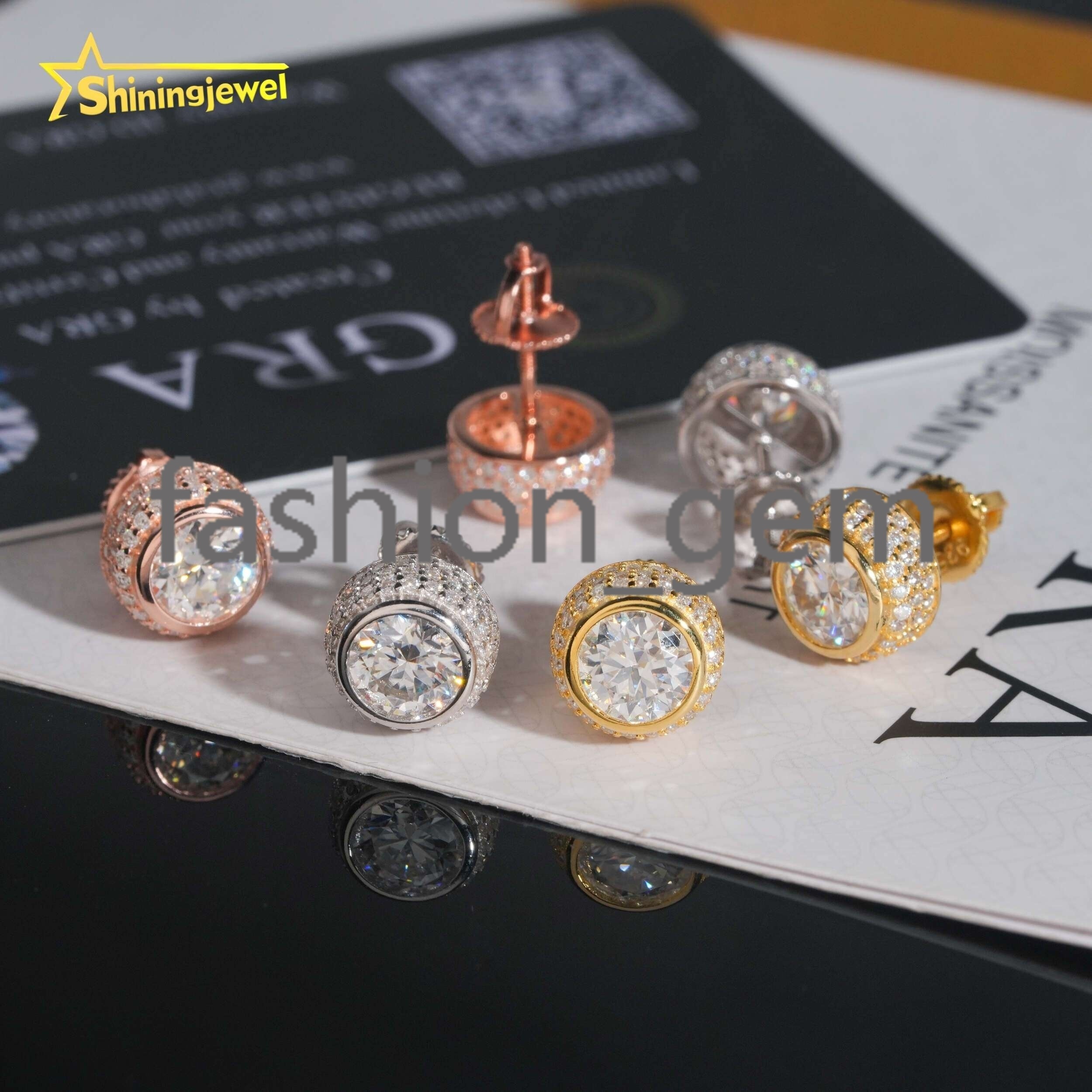 Luxury Trendy Hip Hop Gold Plated Bezel Setting 6mm Center Stone 925 Silver Moissanite Diamond Iced Out Stud Earrings