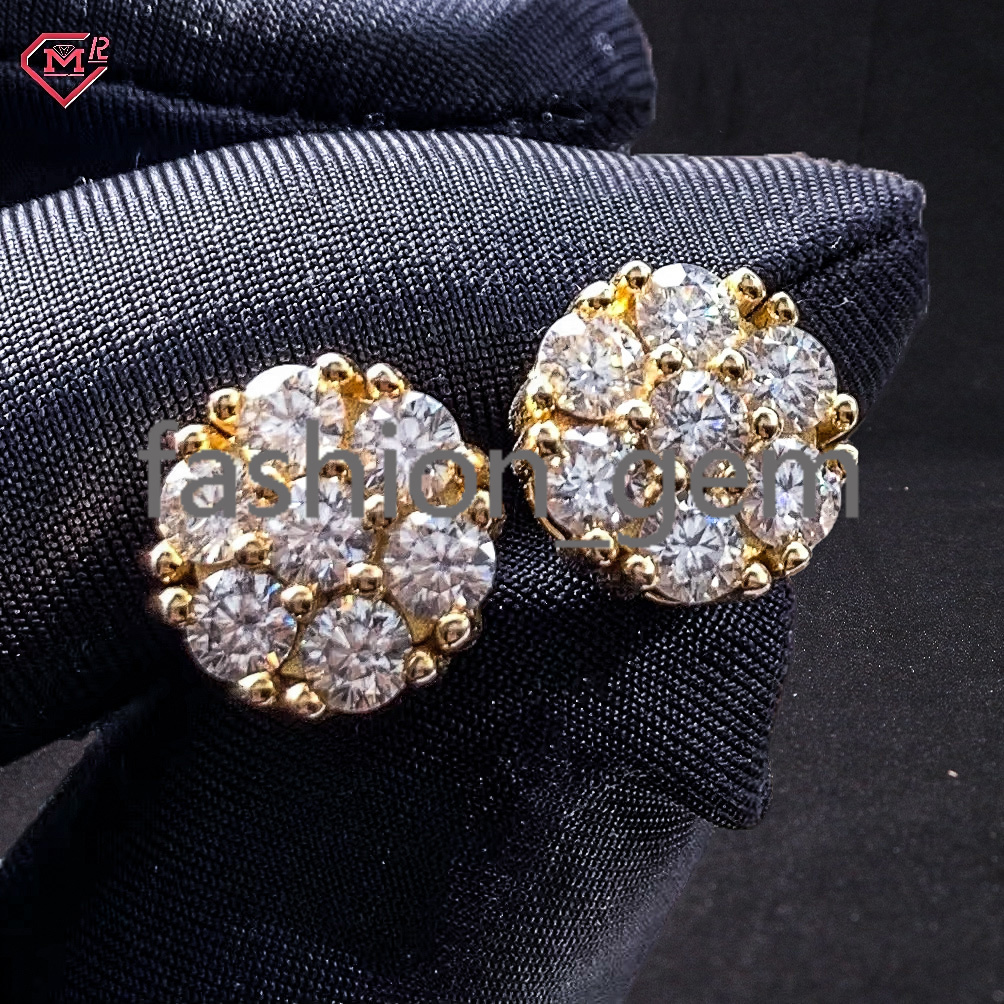High Quality Moissanite Flower Earrings Gold Plated Stud Back Hip Hop 925 Silver Moissanite Earrings