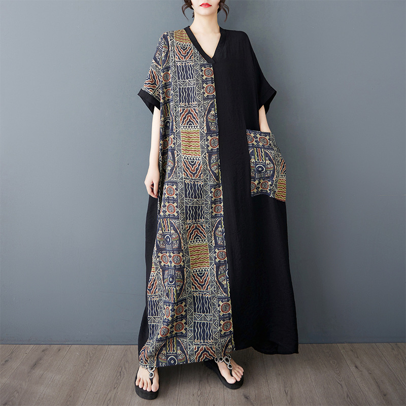 Designer Plus Size Dresssummer New Plus Size Cotton Linen Tummy Covering Slimming V-neck Short Sleeve Color Block Extra Large Long Dress Skirt Lengt
