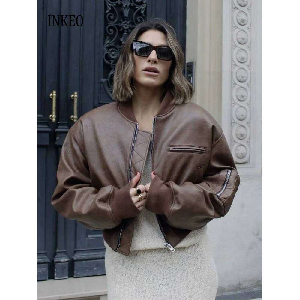 Fashion Women's Brown Faux leather bomber jacket 2024 Autumn High street Zipper cropped coat Oversize Female clothing 4O079