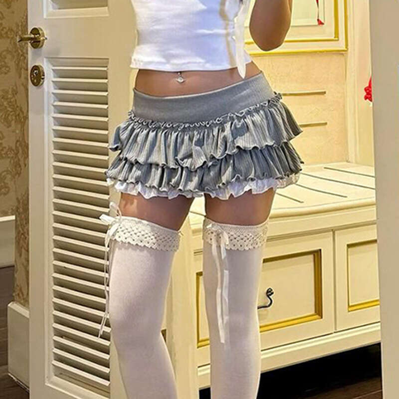 Youthful And Age-Reducing Ruffled Edge Patchwork Cake Spring Summer New Low Waist Short Knitted Skirt B5
