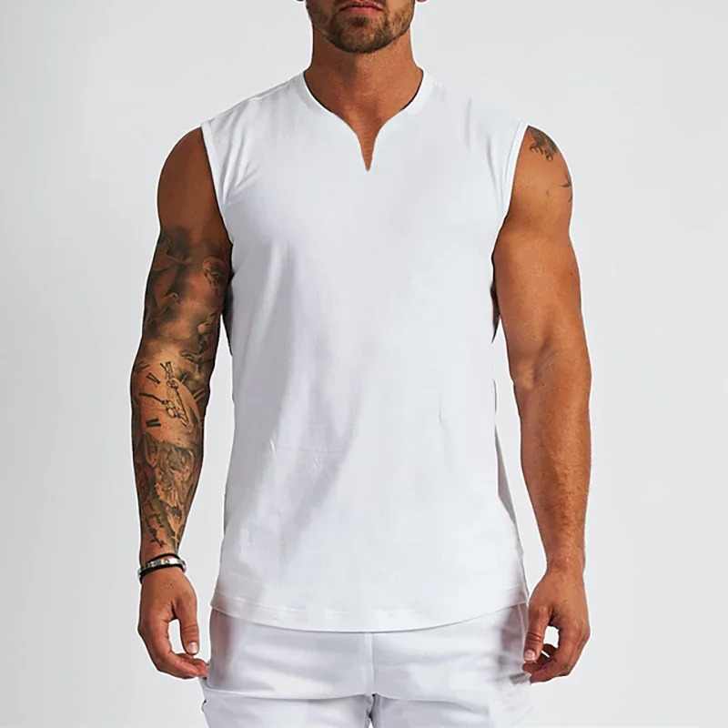 Plain Cotton V-neck Fitness Tank Top Men Summer Muscle Vest Gym Clothing Bodybuilding Sleeveless Shirt Workout Sports Singlets 250619