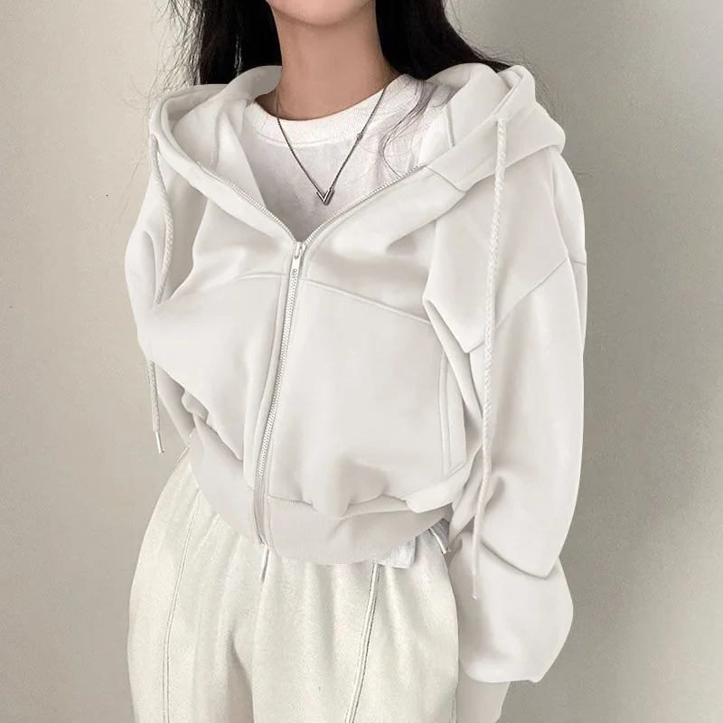 Spring Retro Solid Color Zip Up Oversized Sweatshirts Women Casual Long Sleeve Hooded Loose Hoodies Harajuku Short Jackets Coat 250616
