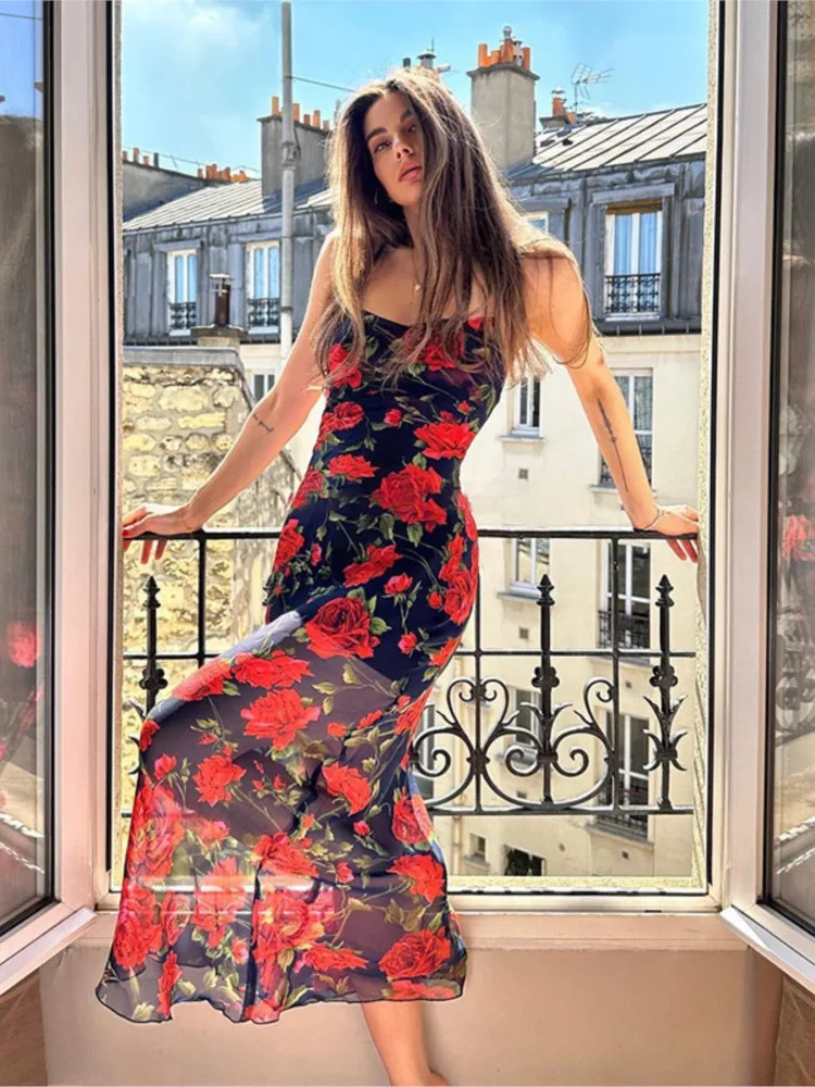 Flowers Print Spaghetti Strap Dresses Women Temperament Package Hip Bodycon Long Dress Fashion Sexy Backless Lady Slim Vestidos250616