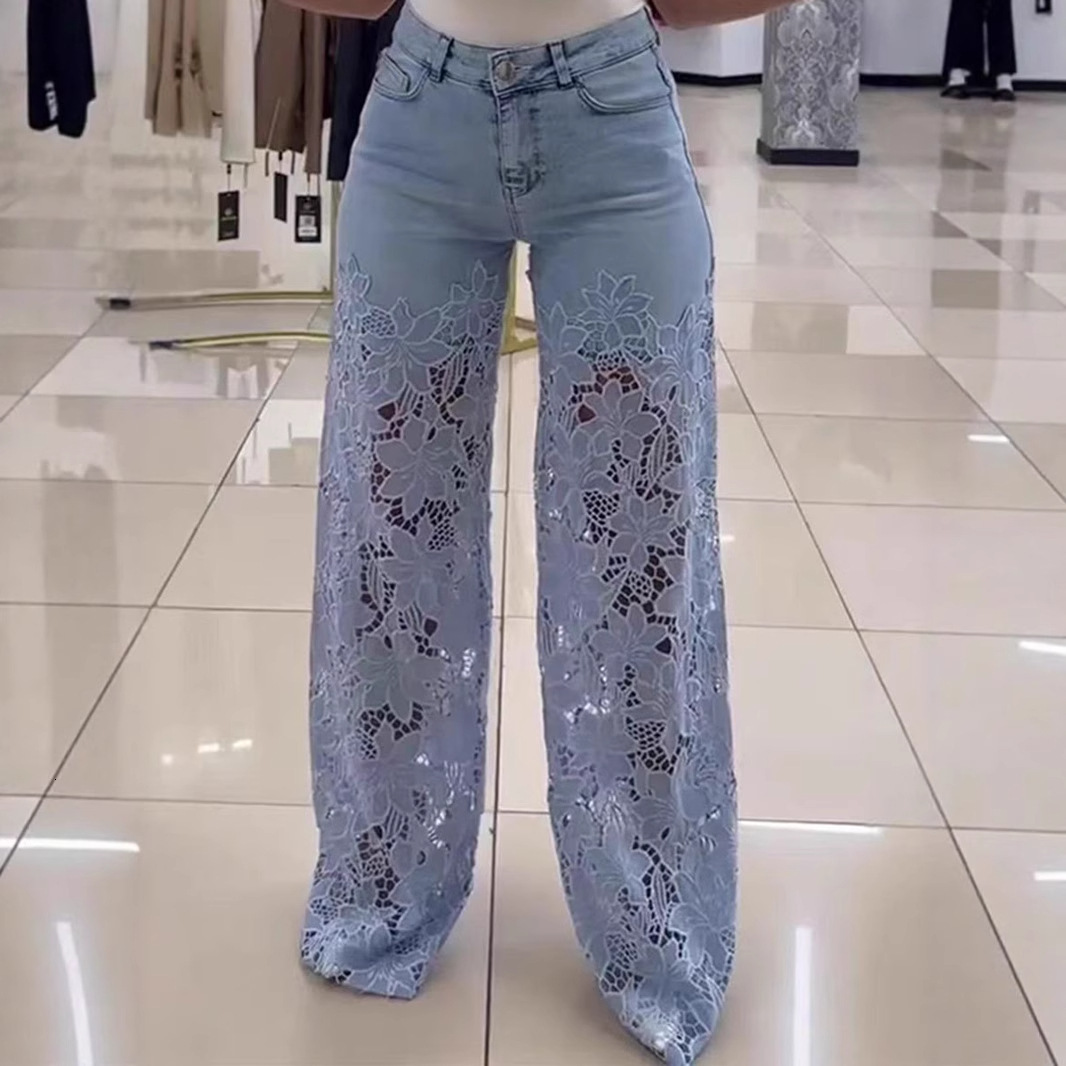 Designer Jeansamazon Cross-border 2025 Summer European And American New Women's Fashion Wide-leg Pants Long Pants Lace Patchwork Jeans Women