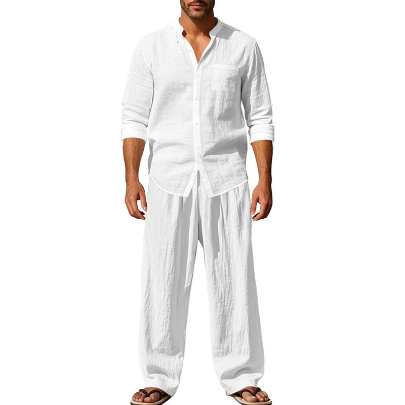 2025 Spring/Summer Mens Linen Casual Loose Breathable Long Sleeve Pants Shirt Beach Set in Stock250616