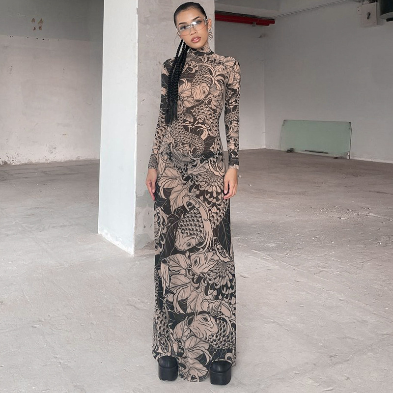 Designer Plus Size Dresseuropean And American Cross-border Women's Fashion 2025 Summer New Fashion Mesh Print Sheer High Neck Slim Fit Dress Fo