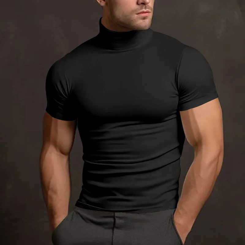mens T-shirt Sport leisure running gym High Collar shirt training elastic quick drying short sleeve T-shirt men Tight tops 250619