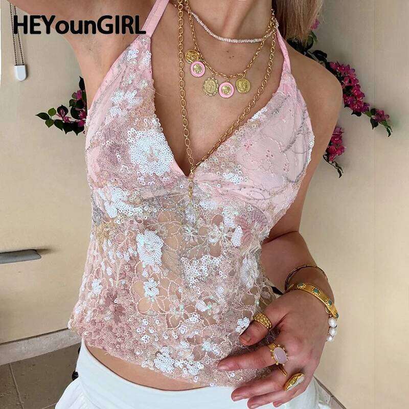 Heyoungirl Pink Chic Sequin Halter V-Neck Crop Fashion Y2k Streetwear Backless Lace-Up Tank Top Summer Sexy Sweet Camisole