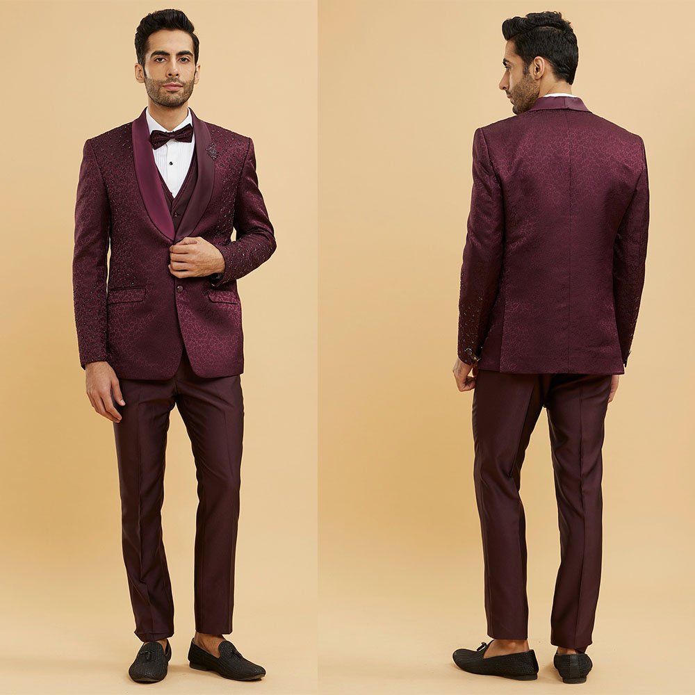 Fashion Men Suits Shawl Lapel Jacquard Tailor-Made 2 Pieces Set Jacket Beads Blazer Beads Two-Button Groom Customized Coat Pants Plus Size