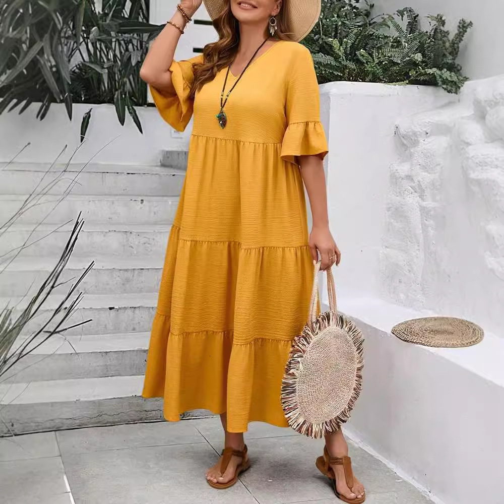 Designer Plus Size Dress2025 European And American Amazon Summer New V-neck Women's Fashion Multi-color Multi-size Plus Size Long Swing Dress