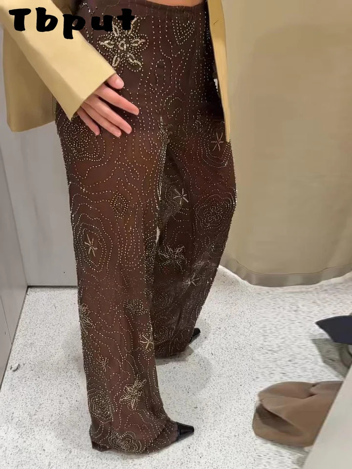 Fashion Womens Long Pants See Through Solid Wide Leg Pants High Waist Pocket Zipper Spring Summer Shiny Female Trousers 250614