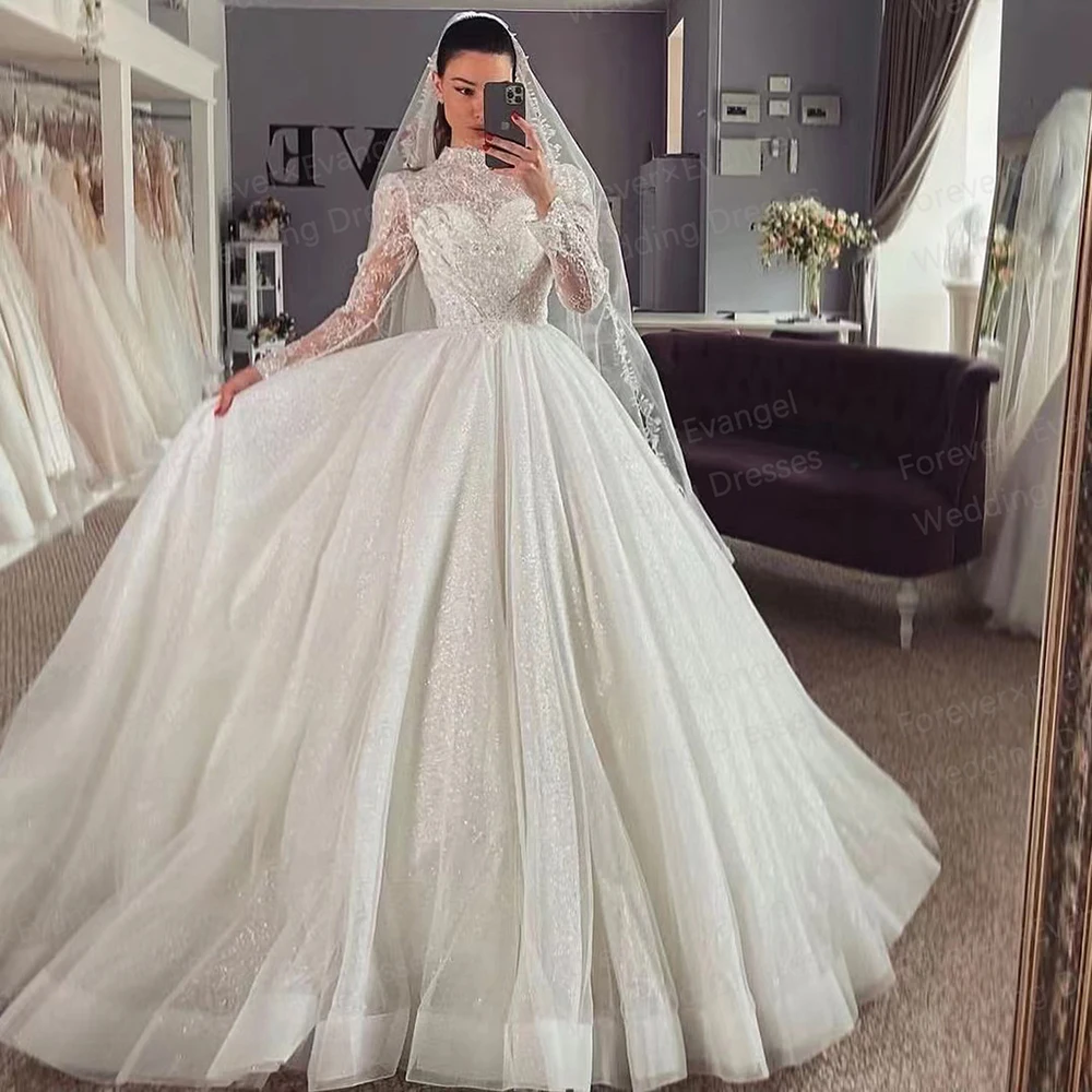 3D Flower A-Line Wedding Dresses A Line Woman's Sexy High Neck Long Sleeve Bride Gowns Appliques Princess Custom Made Color/Size