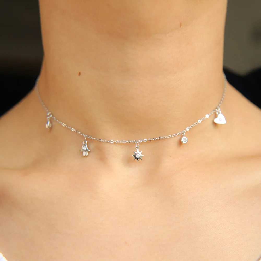 100% 925 sterling silver love star hand charm bling cz paved delicate dainty layer choker necklace for women girls XJ250620