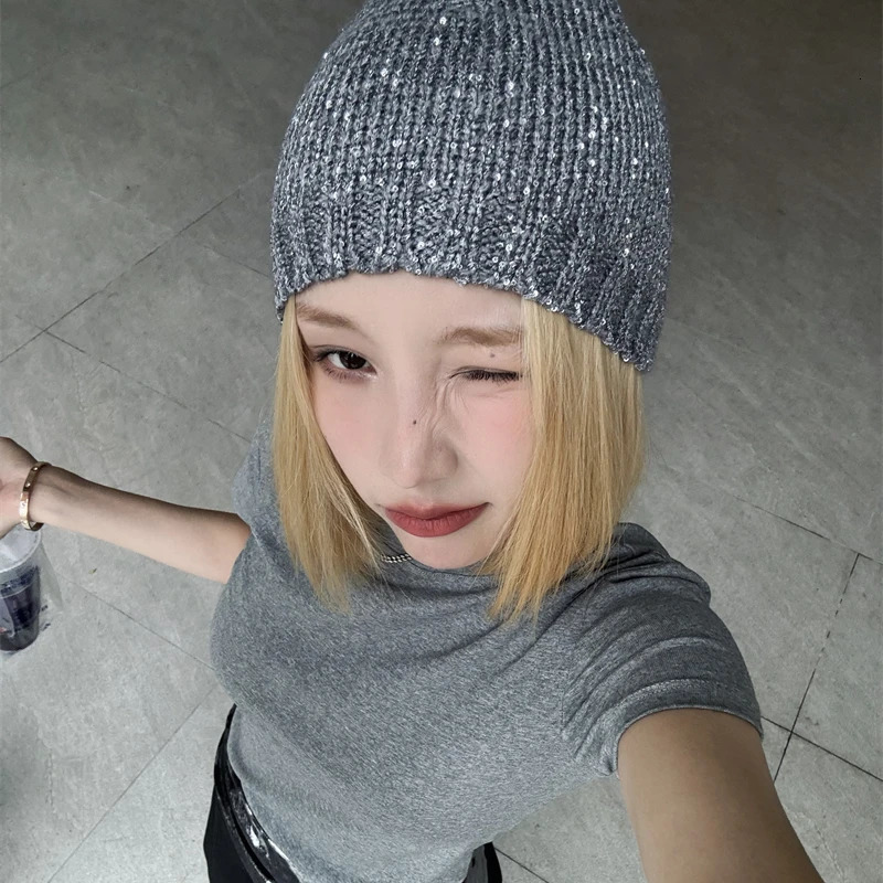 Ins Korean Style Y2k Shiny Cold Cool Street Knit Hat Spring Summer Girl Glitter Fashion Knitted Bag Head Beanie Hat 250618
