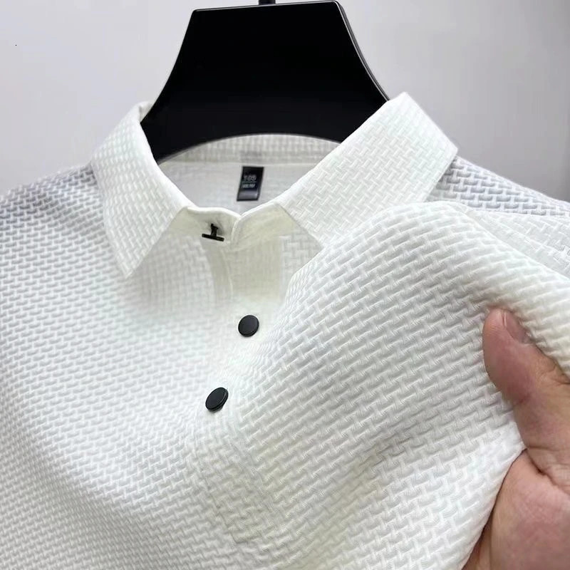 High end ice silk short sleeve polo shirt men in summer hollow out elastic breathable T-shirt Fashion solid casual clothes 250617