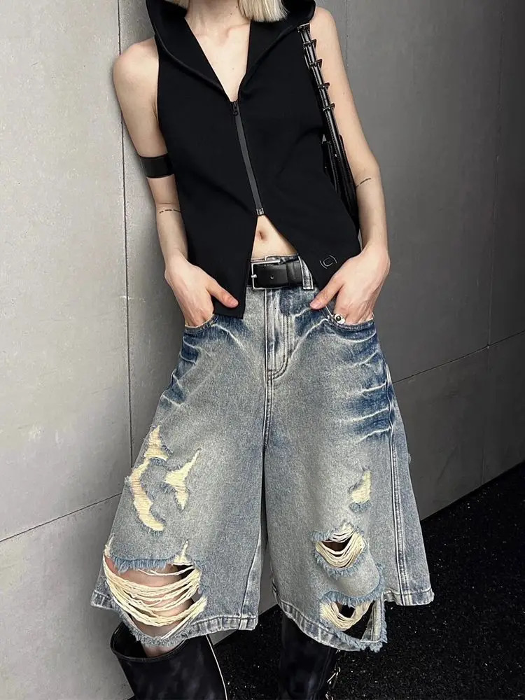 American Retro Blue Straight Ripped Short Jeans Women High Waist Streetwear Summer Vintage Denim Shorts Wide Leg Pants 250614