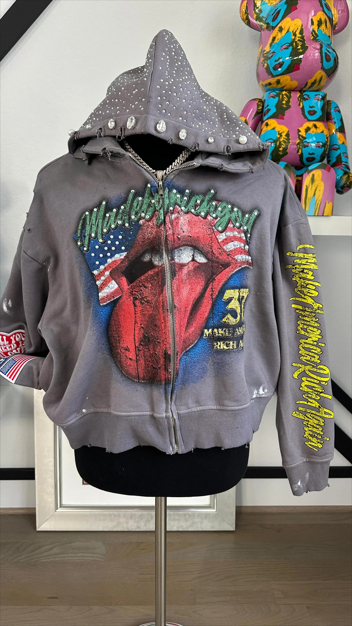 America Vintage Rhinestone Embroidery Pearls Trim Zipper Hoodie Y2k Gothic Pattern Print Loose Sweatshirt Men Clothing Streetwear 250617
