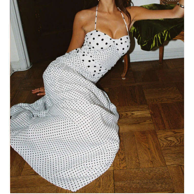 Polka Dot Strap Summer French Style Elegant Design Waist-Cinching Bodycon Mermaid Long Dress B5