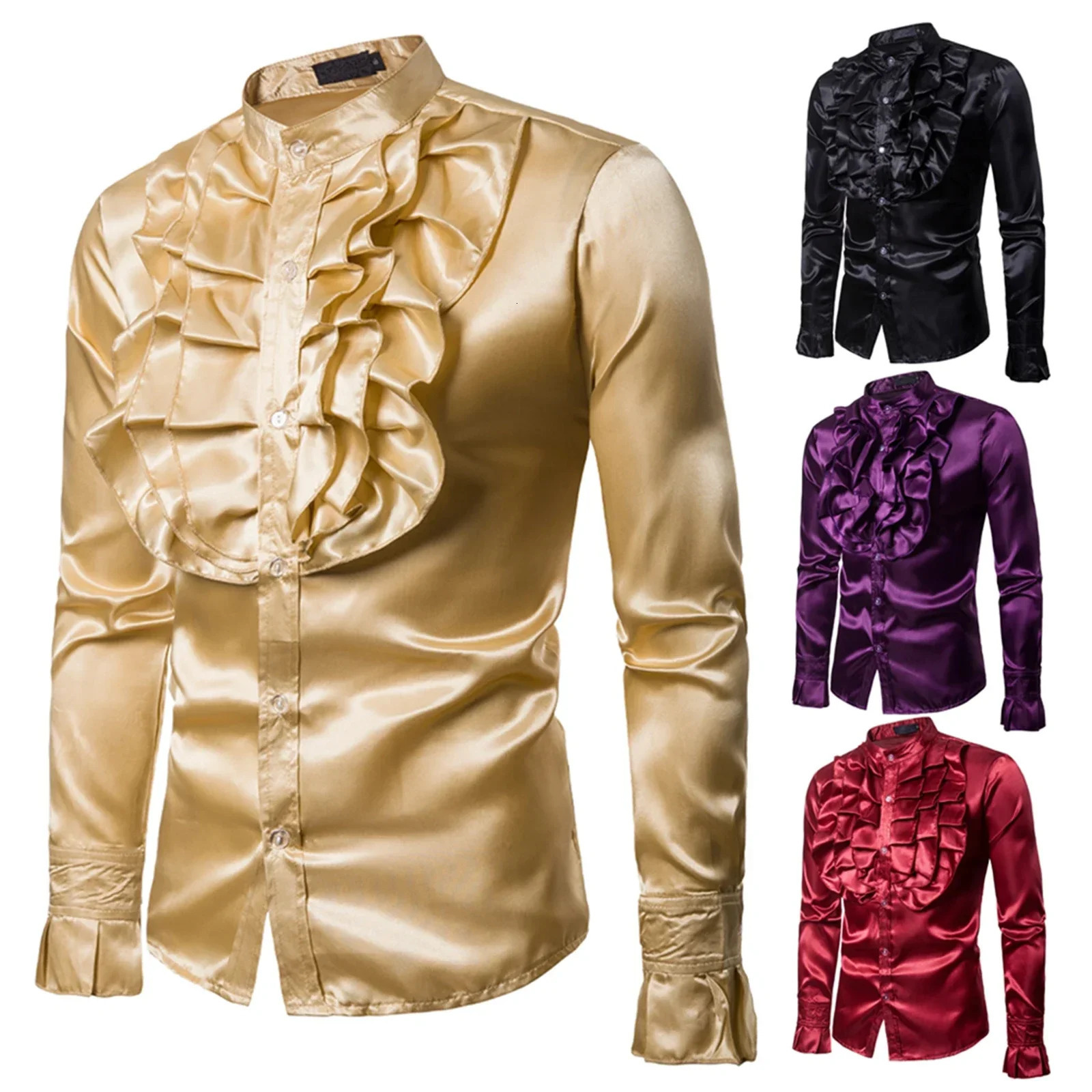 Vintage 70s Frill Ruffle Dress Shirt For Men Victorian Costume Top Gothic Punk Retro Tee Faux Silk Cravat Shirt Halloween 250616