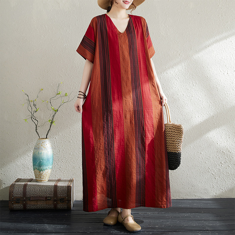 Designer Plus Size Dress2025 Summer New Cotton Linen Printed V-neck Loose Plus Size Simple Vacation Style Long Dress Plus Size Dress
