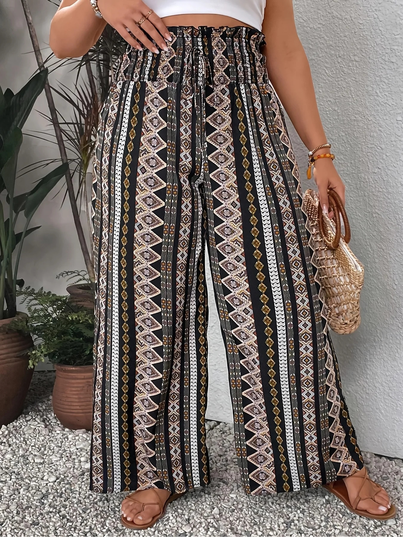 Plus Size 1XL5XL Women Fashion Bohemian Ethnic Print Pants with Elastic Waist Loose Long Trousers Ladies Comfort Wide Leg Pants 250609