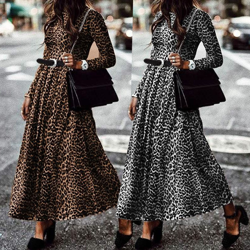 Designer Plus Size Dressplus Size 5XL Women's Fashion Retro Leopard Print Dress Round Neck Long Sleeve Casual Wrinkled Pleated Long Dress