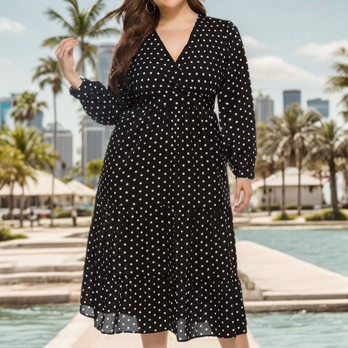 Designer Plus Size Dresscross-border Foreign Trade Dress Amazon 2025 Spring Summer Foreign Trade Printed V-neck High Waist Polka Dot Plus Size Dress