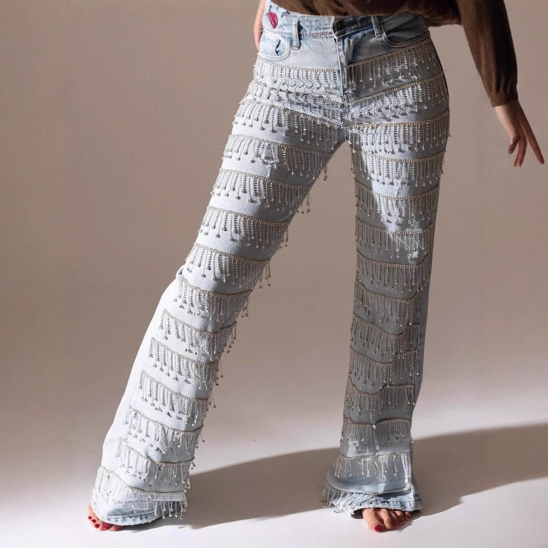 2025 Cross-Border European and American Fashion Street Shoot Amazon Independent Station Hot-Selling Bright Diamond Tassel Design Straight-Leg Jeans